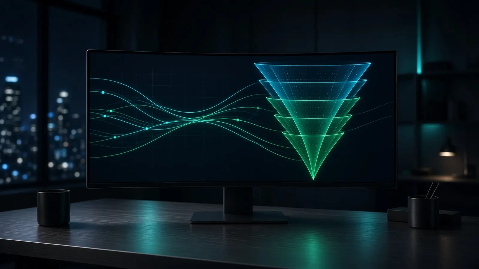Monitor en un estudio oscuro con gráficas cian y verde.